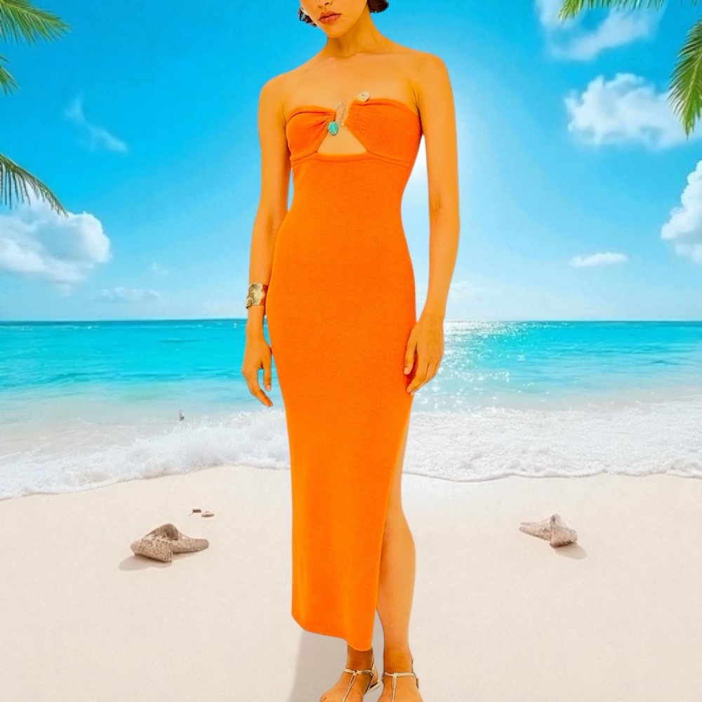 Runaway The Label Luna Halter Side Slit Marble Stone Detail Orange Maxi Dress XL